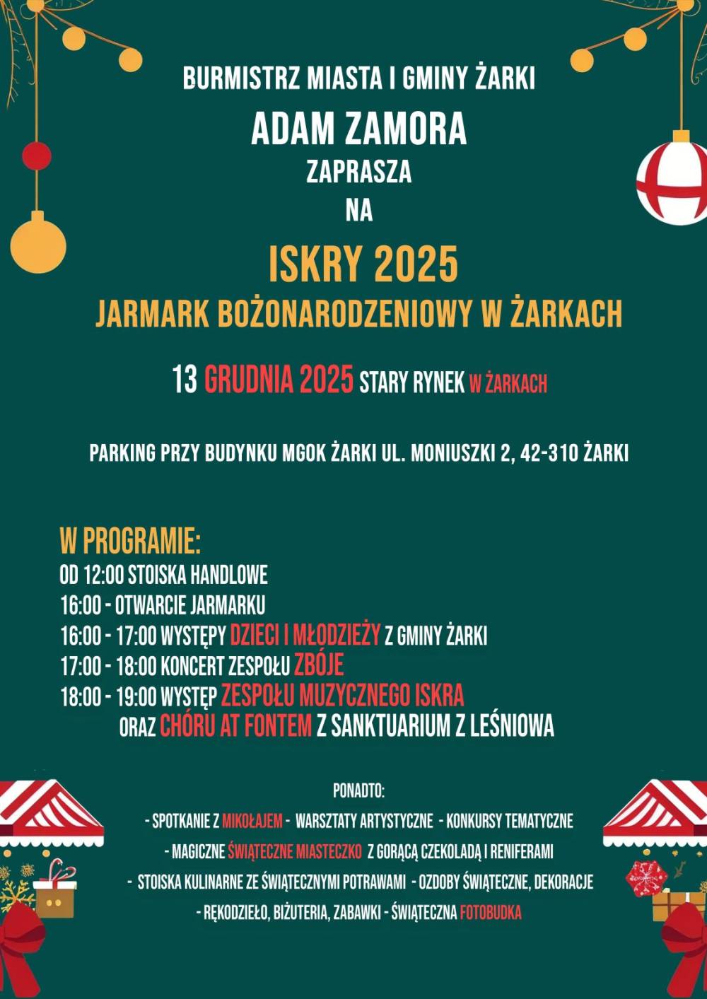 Plakat Jarmarku Bożonarodzeniowego ISKRY 2025 w Żarkach, 13 grudnia